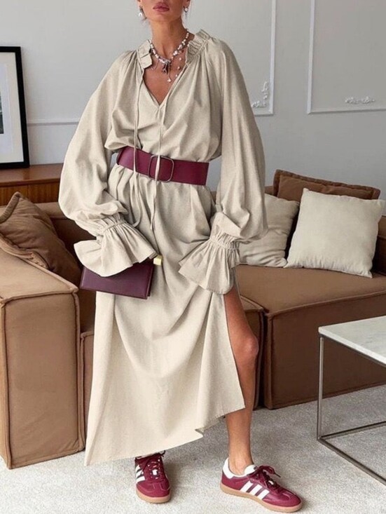 Dresses & Skirts - Women's Cream Long Sleeve Ruffle Cuff Dress with Burgundy Belt
